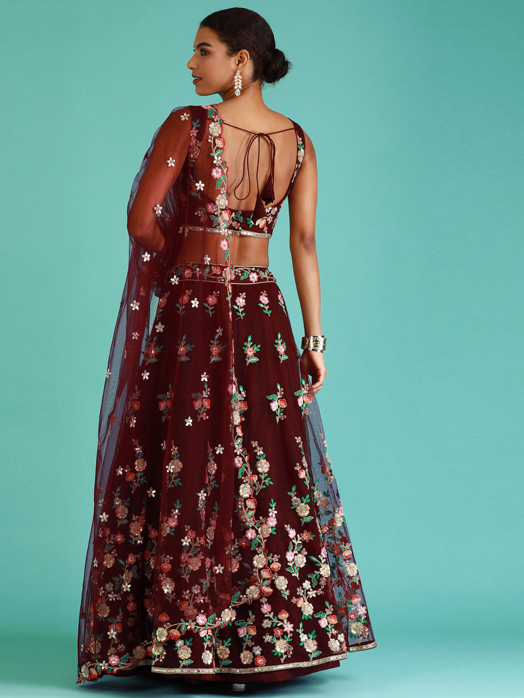Burgundy Net Sequinse Work Semi-Stitched Lehenga & Unstitched Blouse, Dupatta