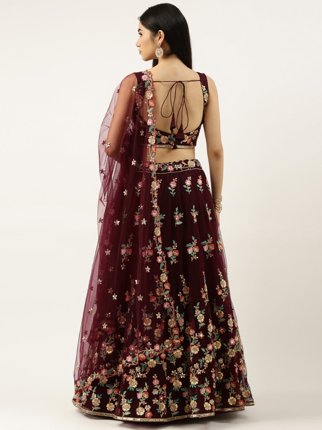 Burgundy Net Sequinse Work Semi-Stitched Lehenga & Unstitched Blouse, Dupatta