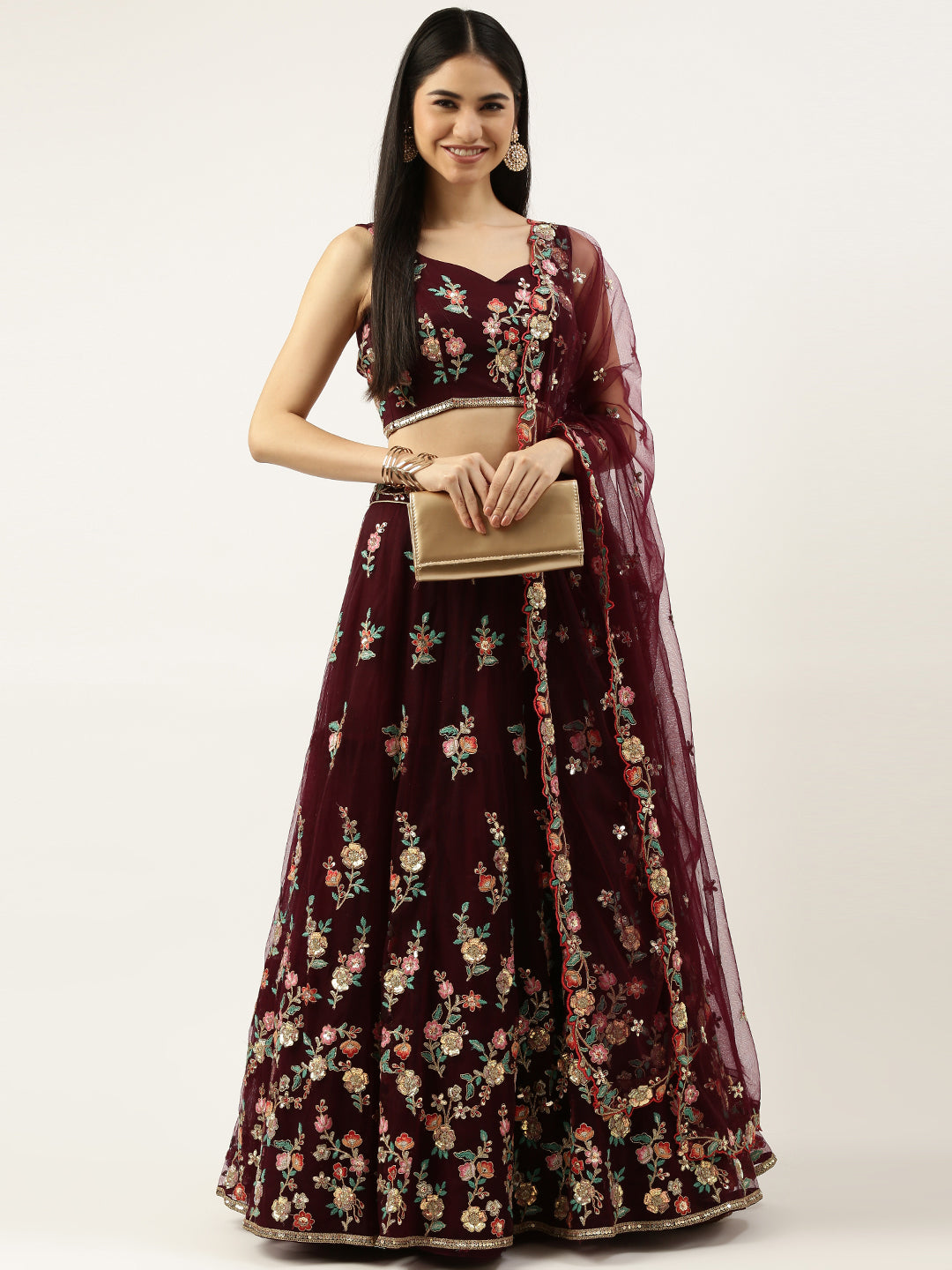 Burgundy Net Sequinse Work Semi-Stitched Lehenga & Unstitched Blouse, Dupatta