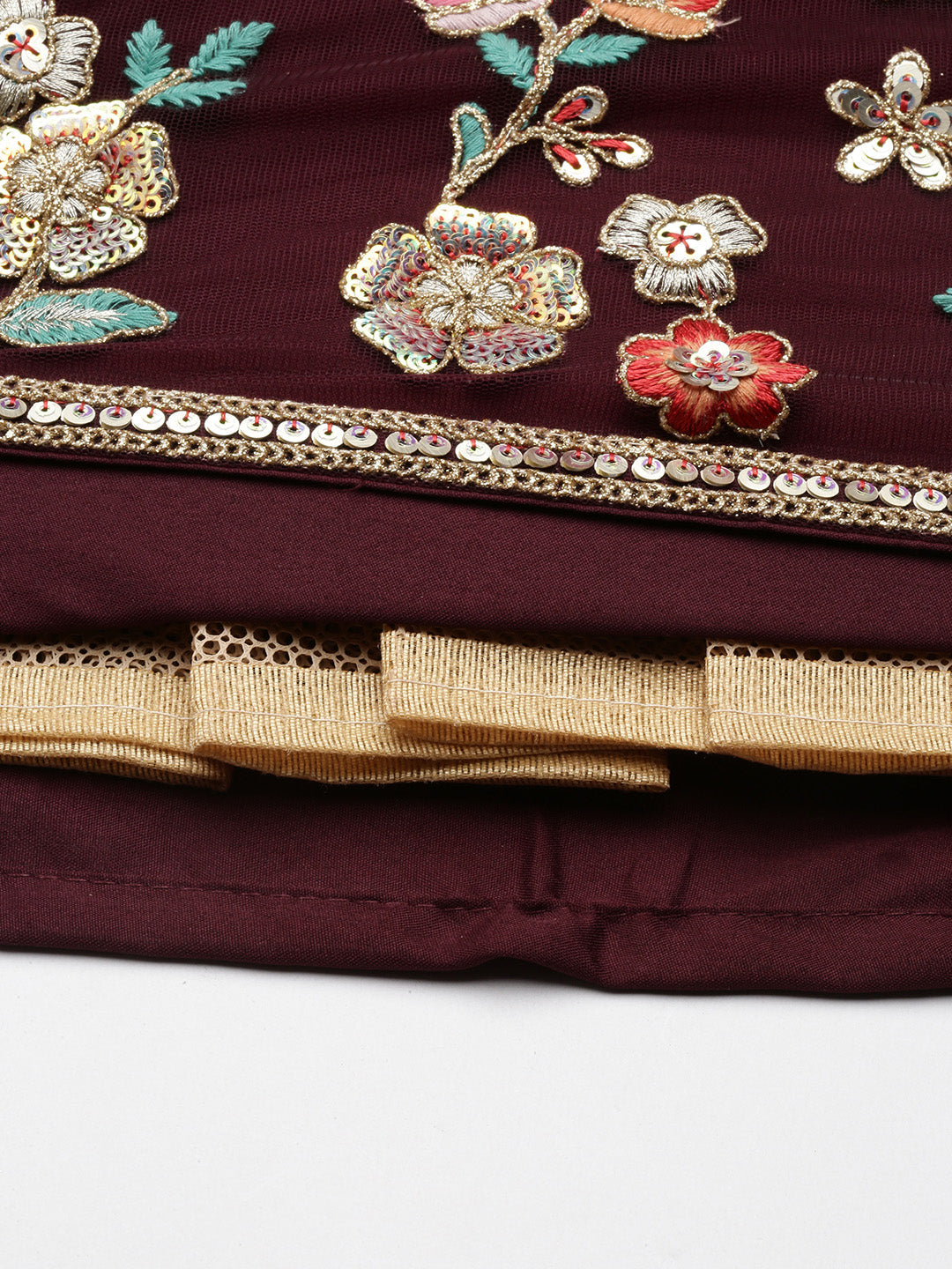 Burgundy Net Sequinse Work Semi-Stitched Lehenga & Unstitched Blouse, Dupatta