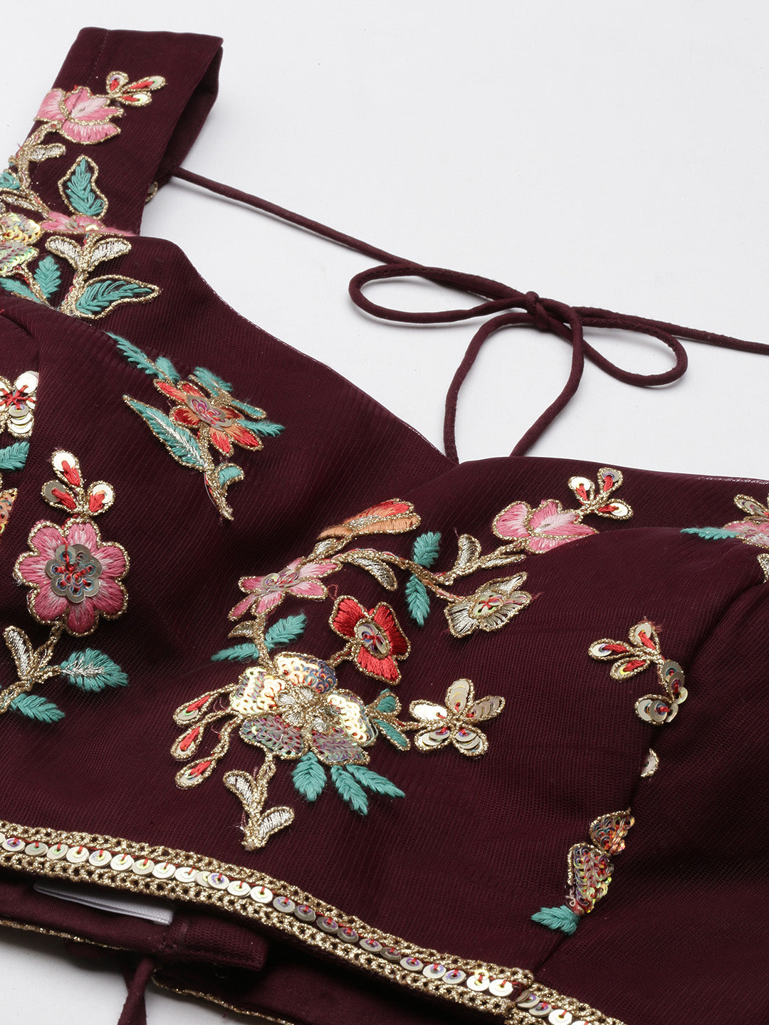 Burgundy Net Sequinse Work Semi-Stitched Lehenga & Unstitched Blouse, Dupatta