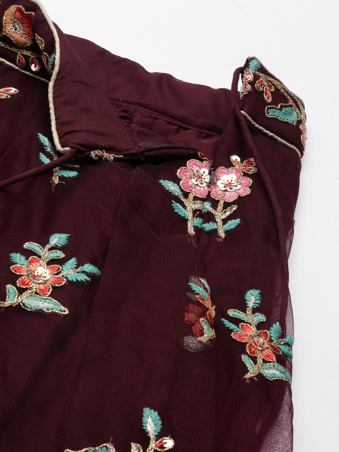 Burgundy Net Sequinse Work Semi-Stitched Lehenga & Unstitched Blouse, Dupatta