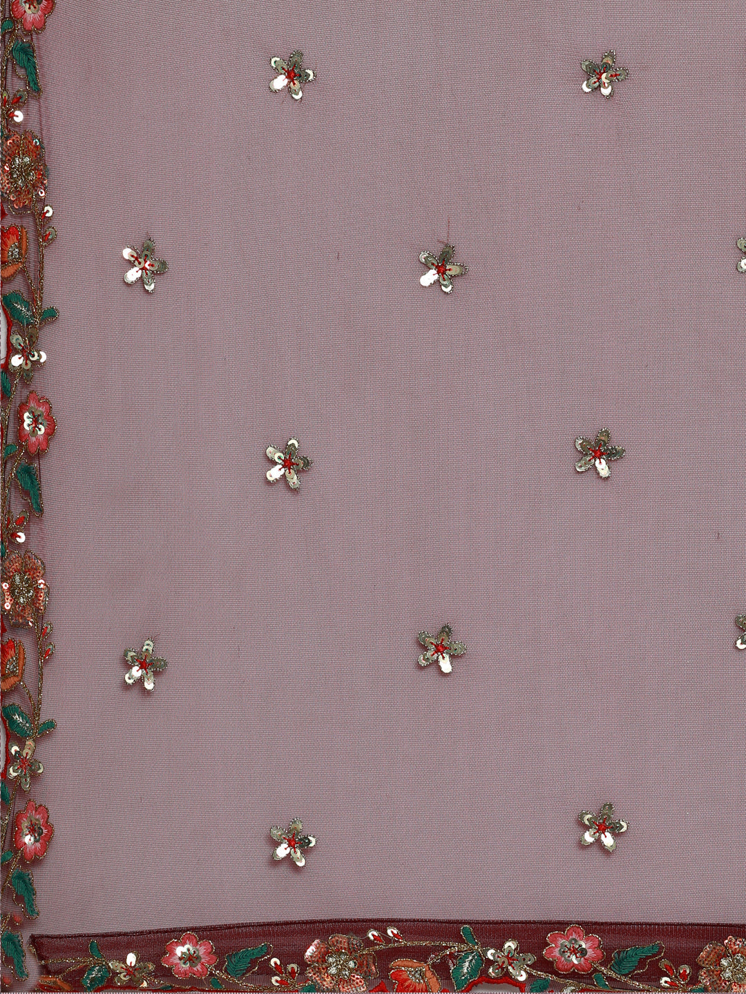 Burgundy Net Sequinse Work Semi-Stitched Lehenga & Unstitched Blouse, Dupatta