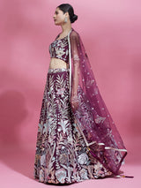 Burgundy Net Sequinse Work Semi-Stitched Lehenga & Unstitched Blouse with Dupatta
