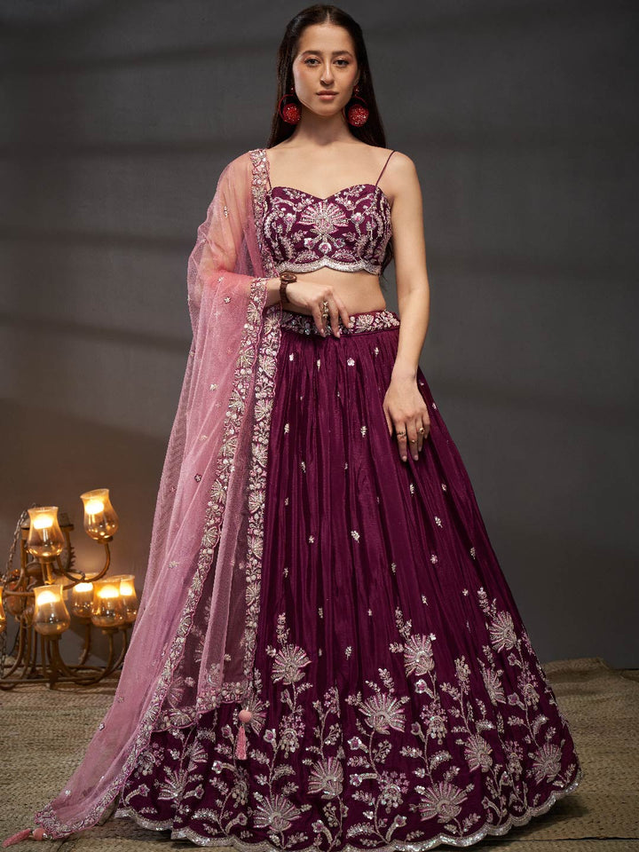Burgundy Pure Chiffon Sequins embroidery Semi-Stitched Lehenga choli & Dupatta