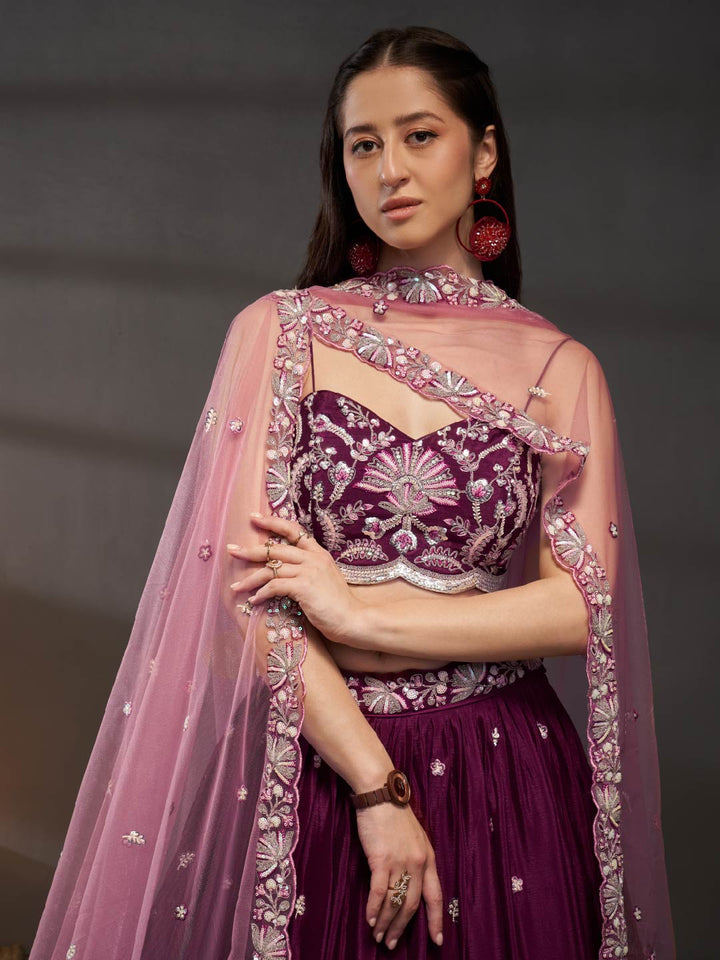 Burgundy Pure Chiffon Sequins embroidery Semi-Stitched Lehenga choli & Dupatta