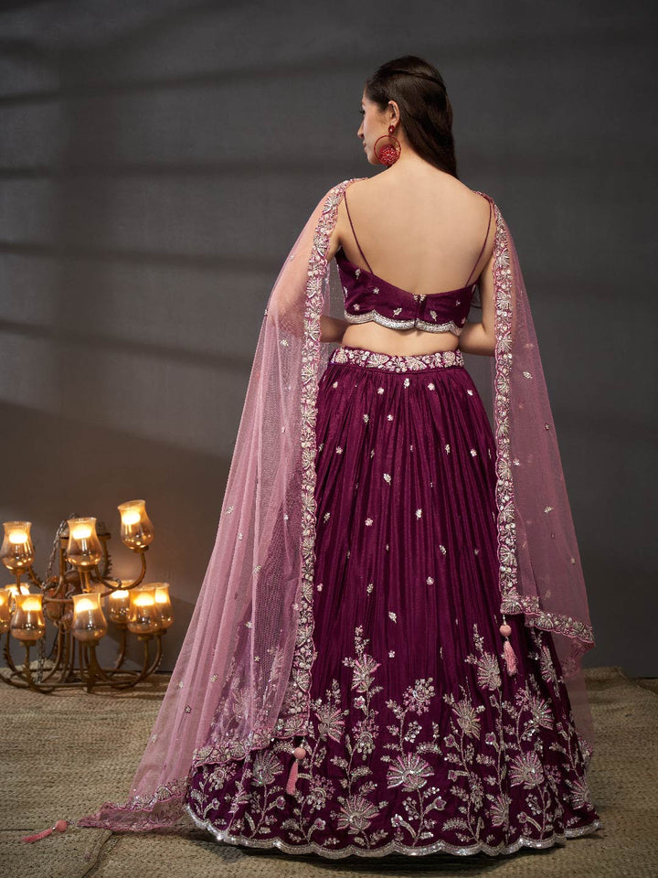 Burgundy Pure Chiffon Sequins embroidery Semi-Stitched Lehenga choli & Dupatta