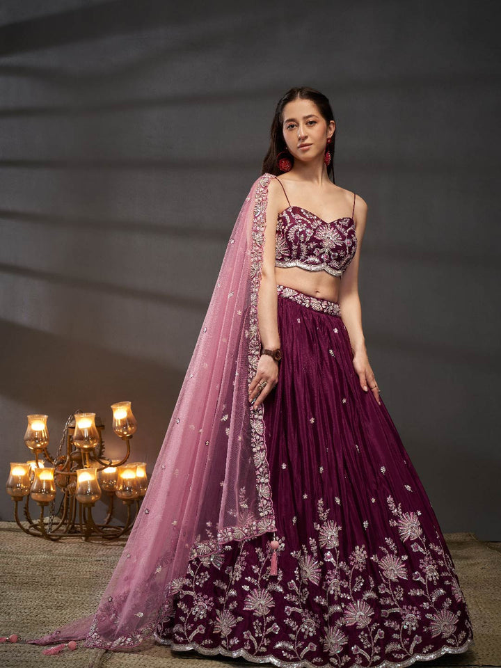 Burgundy Pure Chiffon Sequins embroidery Semi-Stitched Lehenga choli & Dupatta
