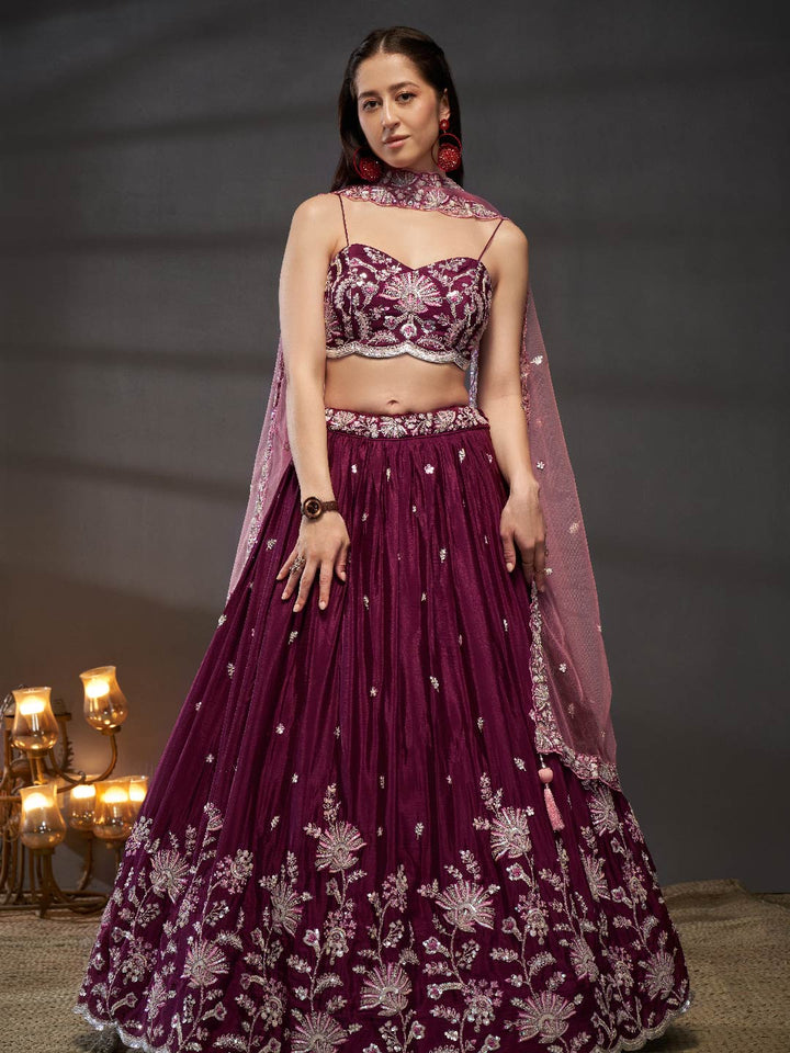 Burgundy Pure Chiffon Sequins embroidery Semi-Stitched Lehenga choli & Dupatta