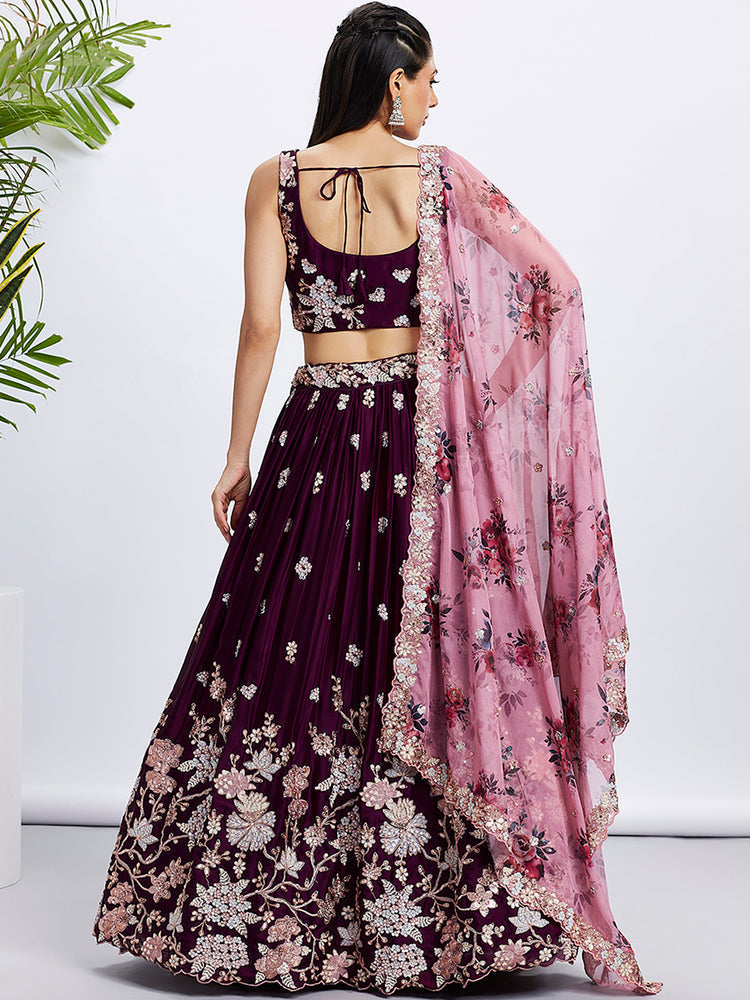 Burgundy Pure Georgette Sequins and thread embroidery Semi-Stitched Lehenga choli & Dupatta