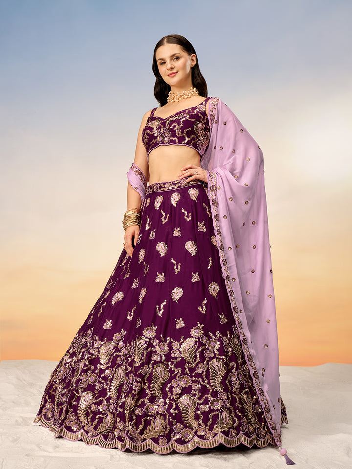 Burgundy Pure Georgette with heavy Sequins embroidery Semi-Stitched Lehenga choli & Dupatta