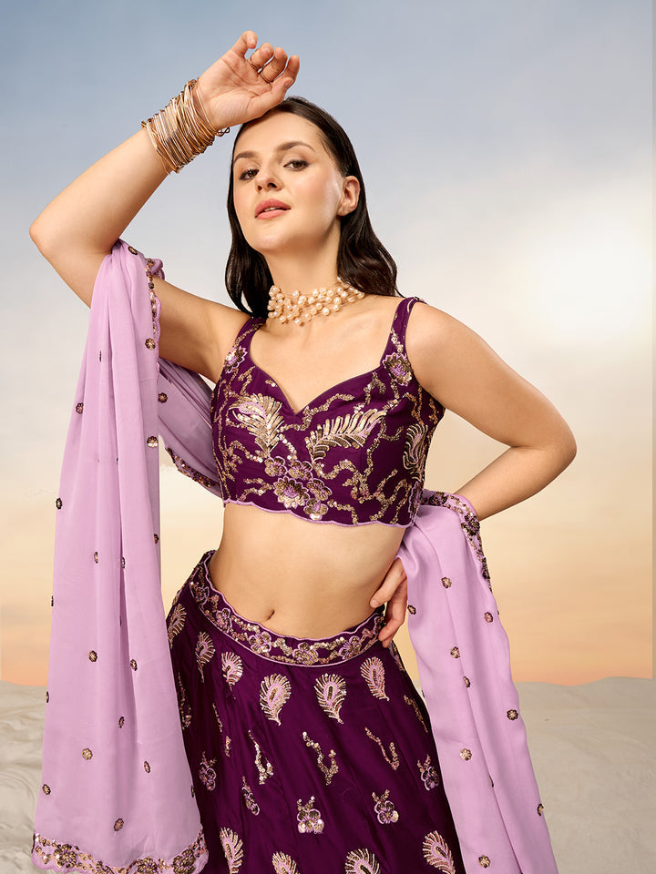 Burgundy Pure Georgette with heavy Sequins embroidery Semi-Stitched Lehenga choli & Dupatta