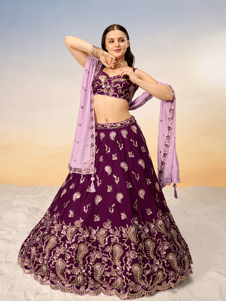 Burgundy Pure Georgette with heavy Sequins embroidery Semi-Stitched Lehenga choli & Dupatta