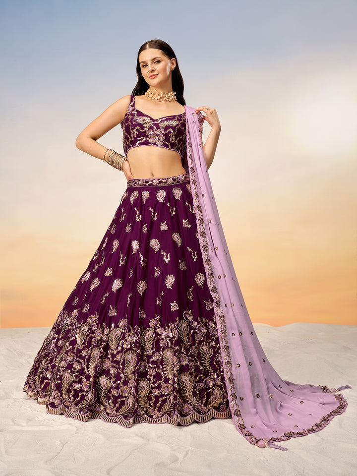 Burgundy Pure Georgette with heavy Sequins embroidery Semi-Stitched Lehenga choli & Dupatta