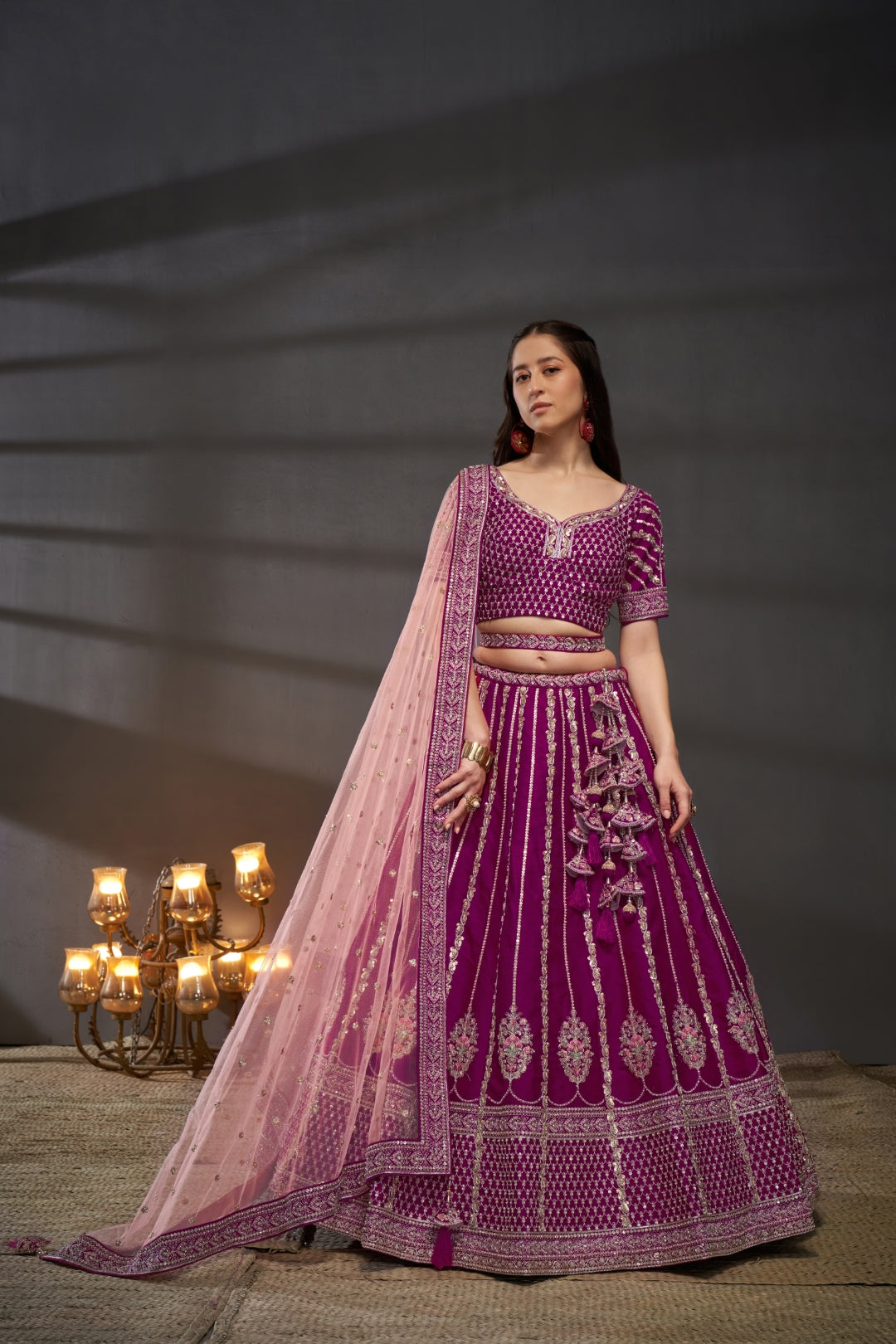 Burgundy Pure Silk Bridal Lehenga Choli Dupatta with Moti, Zarkan & Heavy Embroidery