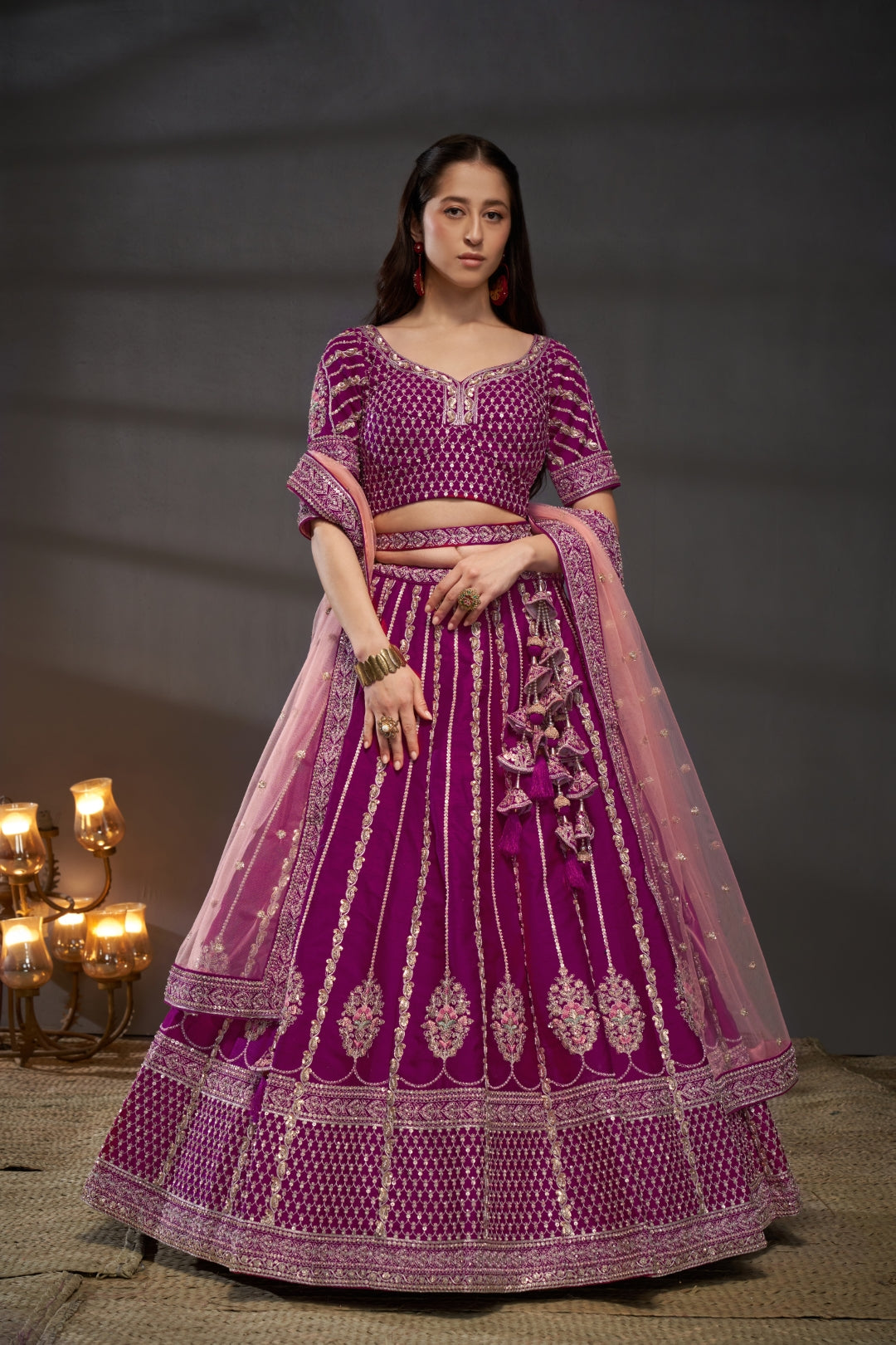 Burgundy Pure Silk Bridal Lehenga Choli Dupatta with Moti, Zarkan & Heavy Embroidery