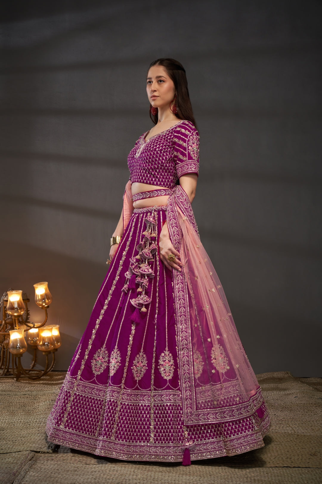 Burgundy Pure Silk Bridal Lehenga Choli Dupatta with Moti, Zarkan & Heavy Embroidery