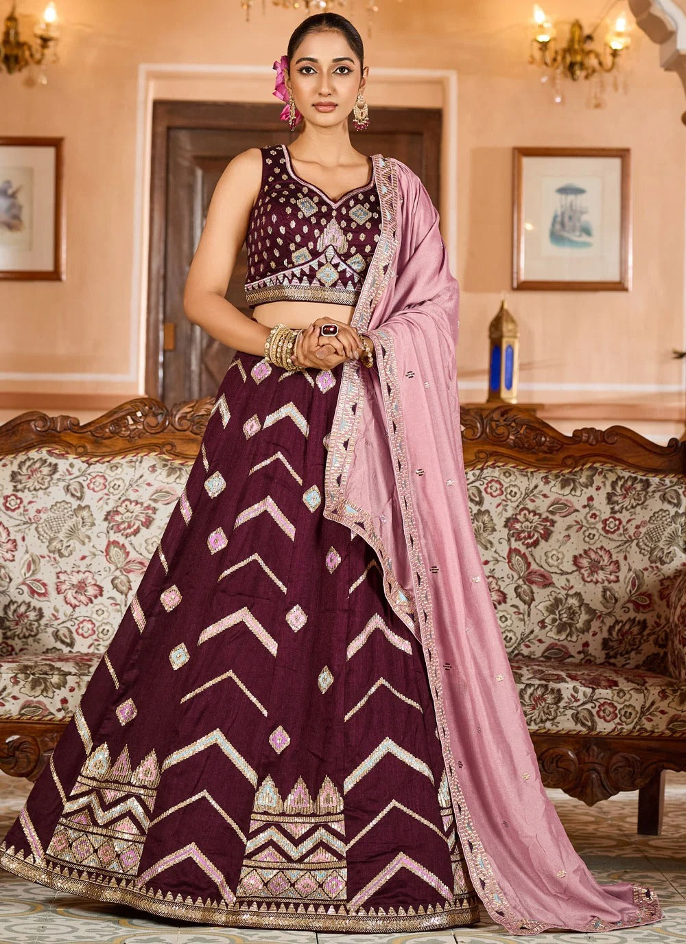Regal burgundy reception lehenga in silk with stone thread embroidery
