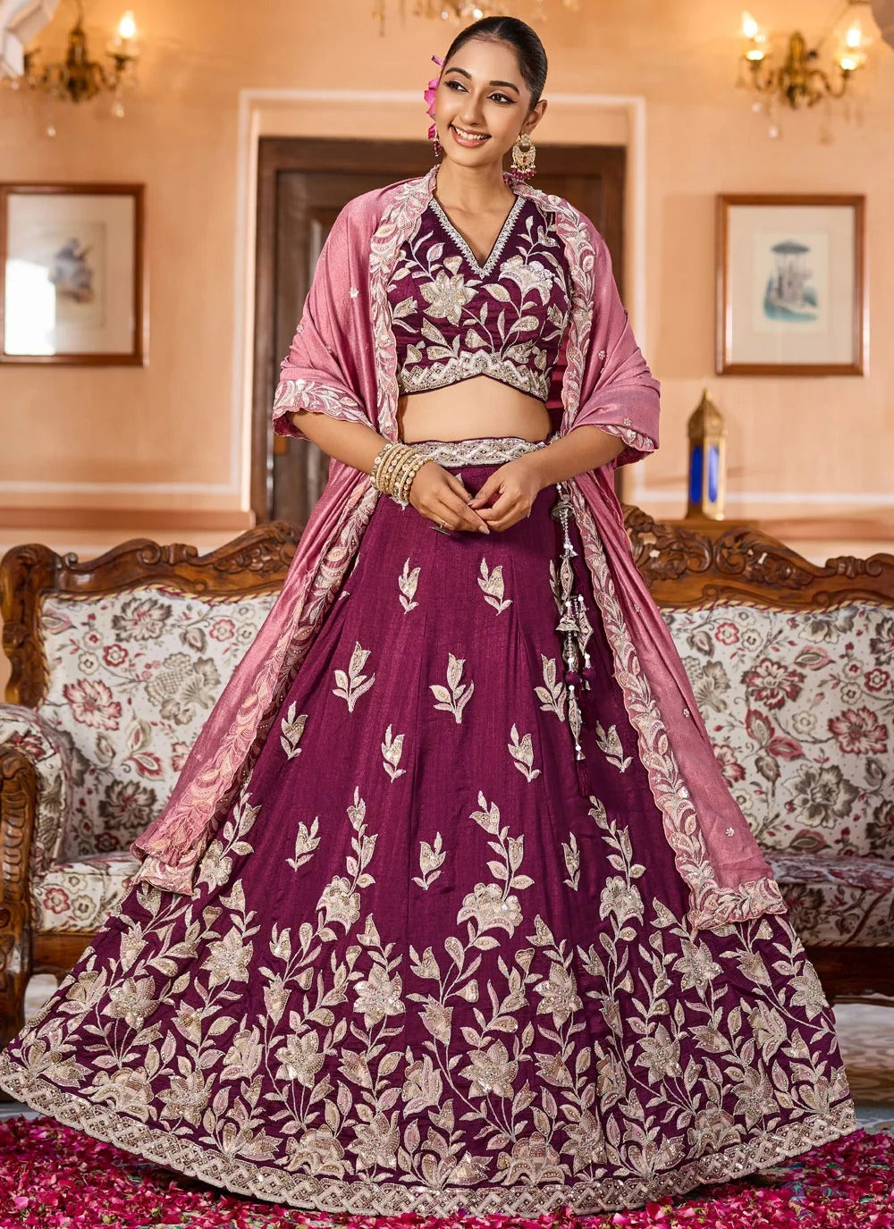 Regal burgundy reception lehenga in silk with stone thread embroidery