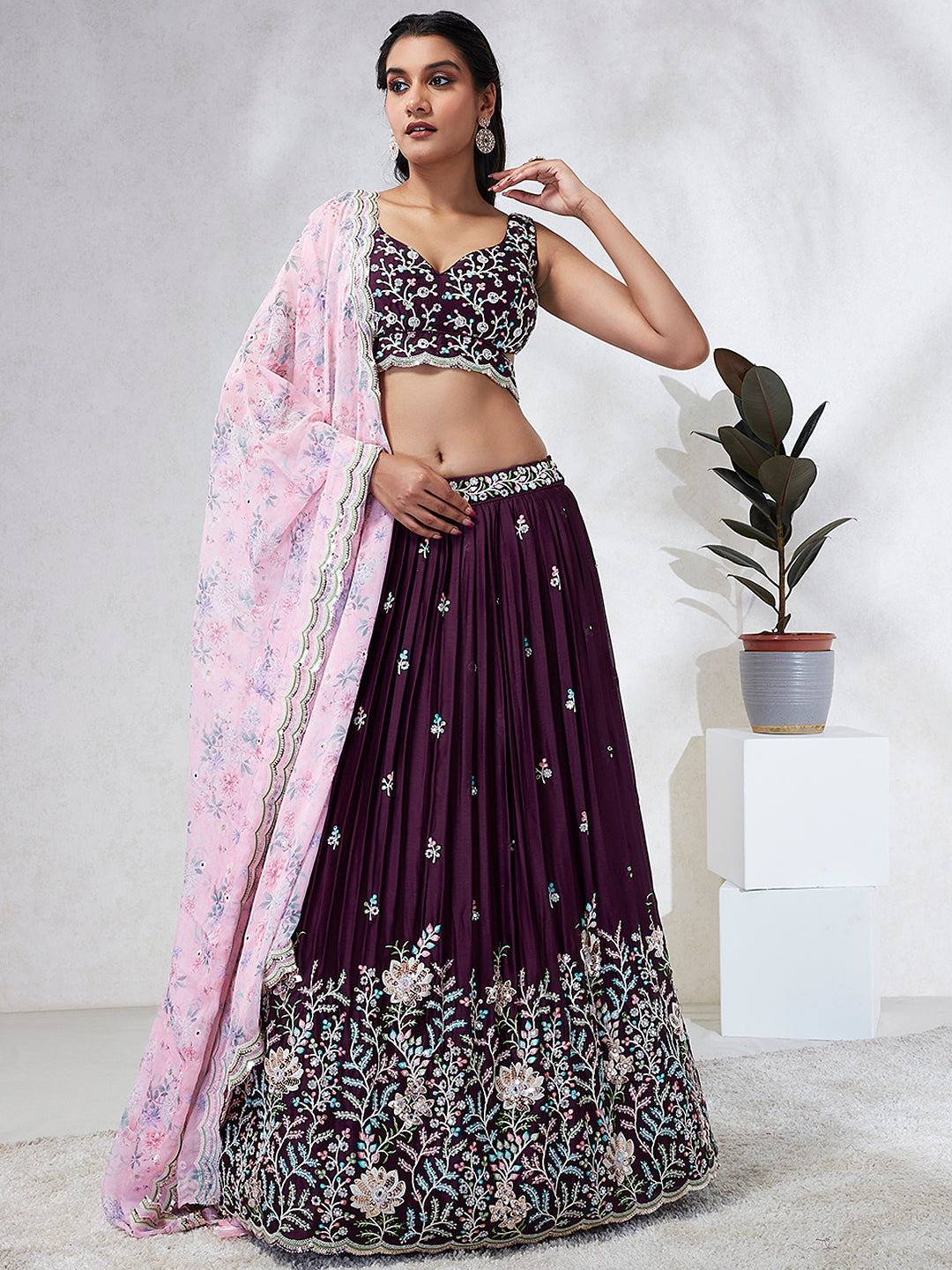 Burgundy Sequin Embroidered Lehenga Choli Set with Mirror Work & Digital Print Dupatta