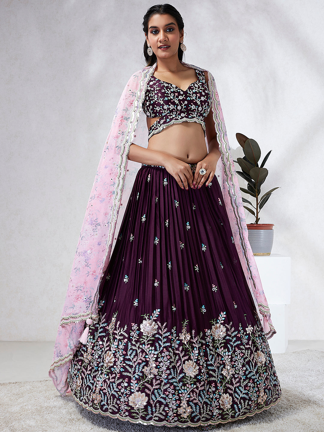 Burgundy Sequin Embroidered Lehenga Choli Set with Mirror Work & Digital Print Dupatta