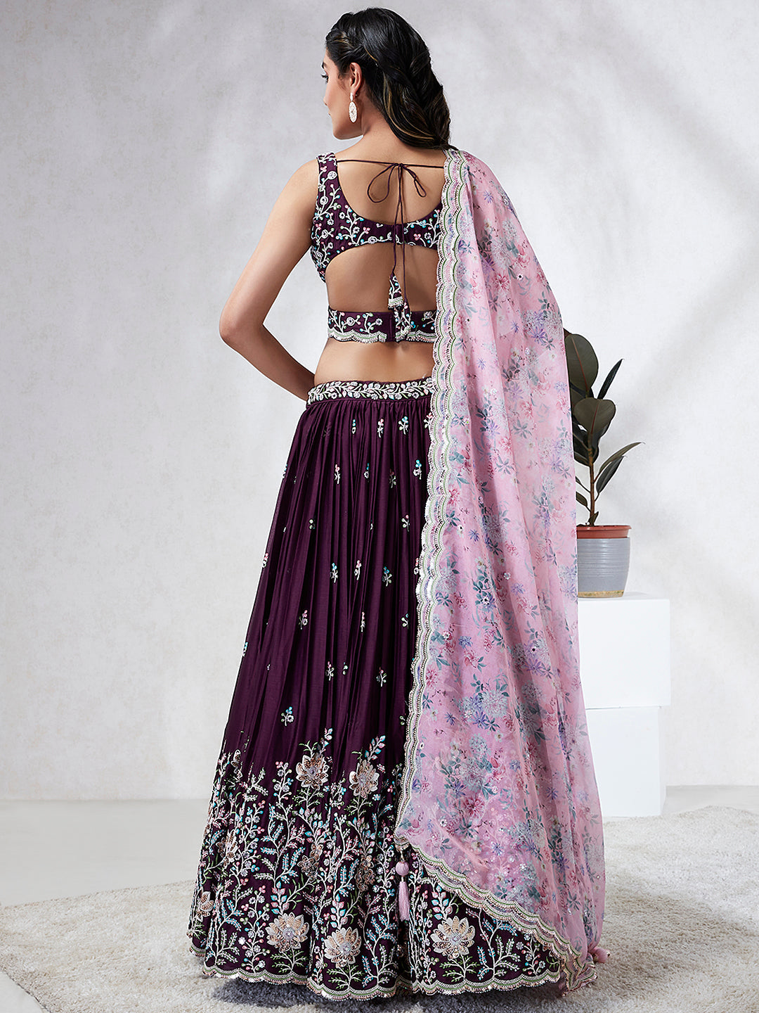 Burgundy Sequin Embroidered Lehenga Choli Set with Mirror Work & Digital Print Dupatta