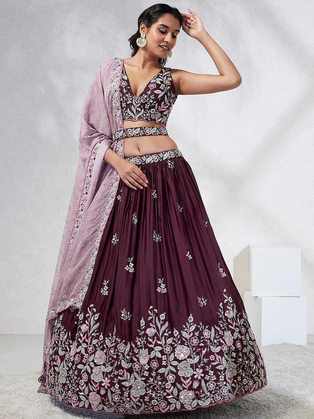 Burgundy Sequined Lehenga Choli Set with Thread Embroidery & Dupatta