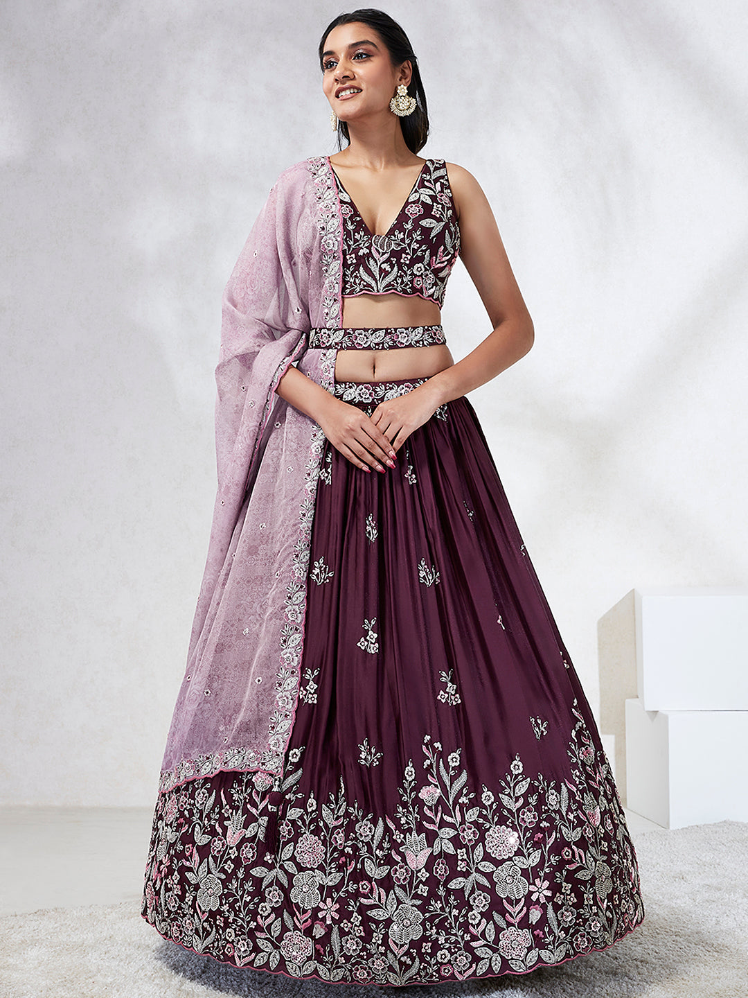 Burgundy Sequined Lehenga Choli Set with Thread Embroidery & Dupatta