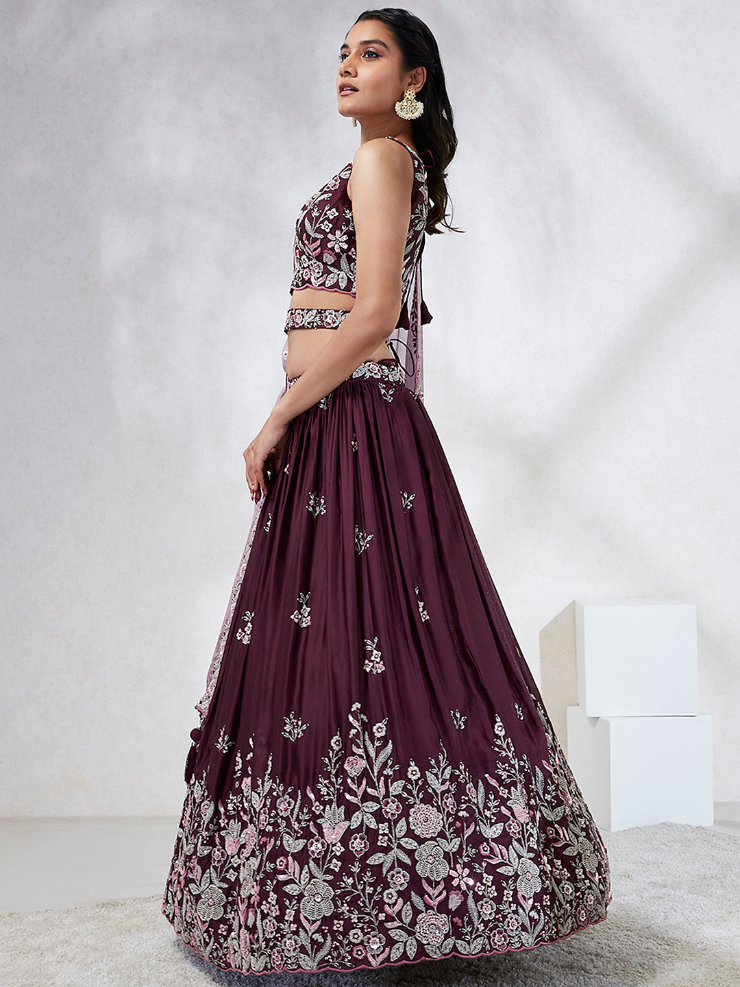 Burgundy Sequined Lehenga Choli Set with Thread Embroidery & Dupatta