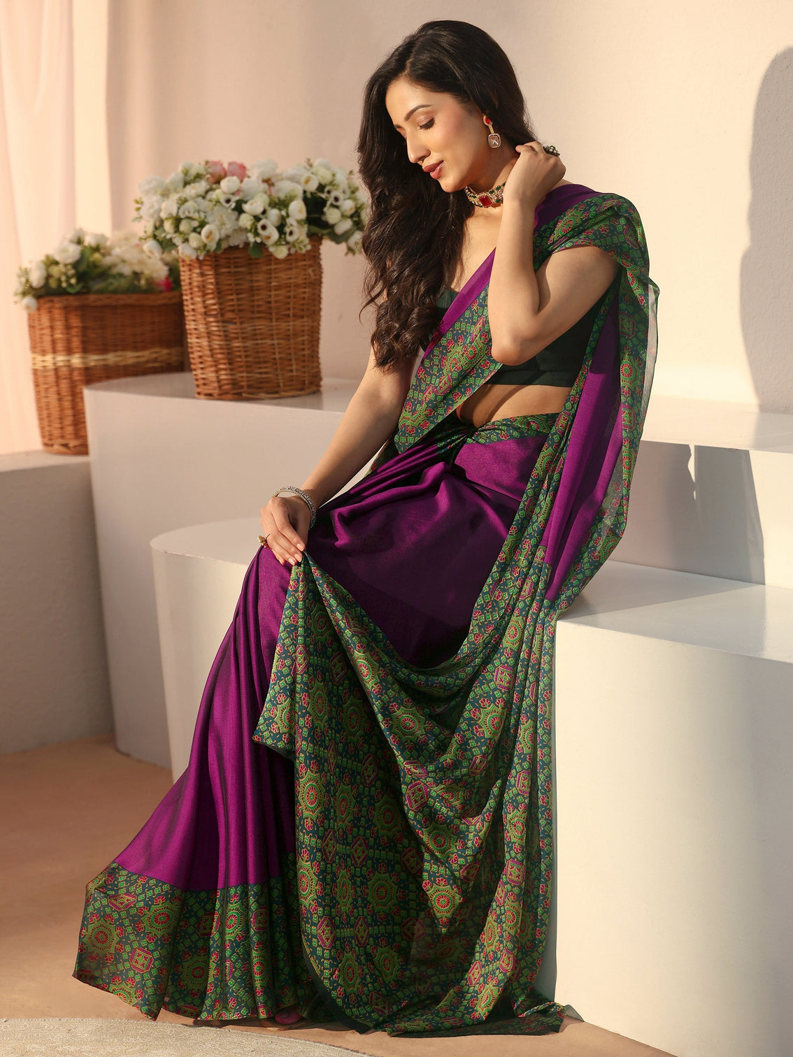 Mameraa Burgundy Chiffon Saree with Printed Border