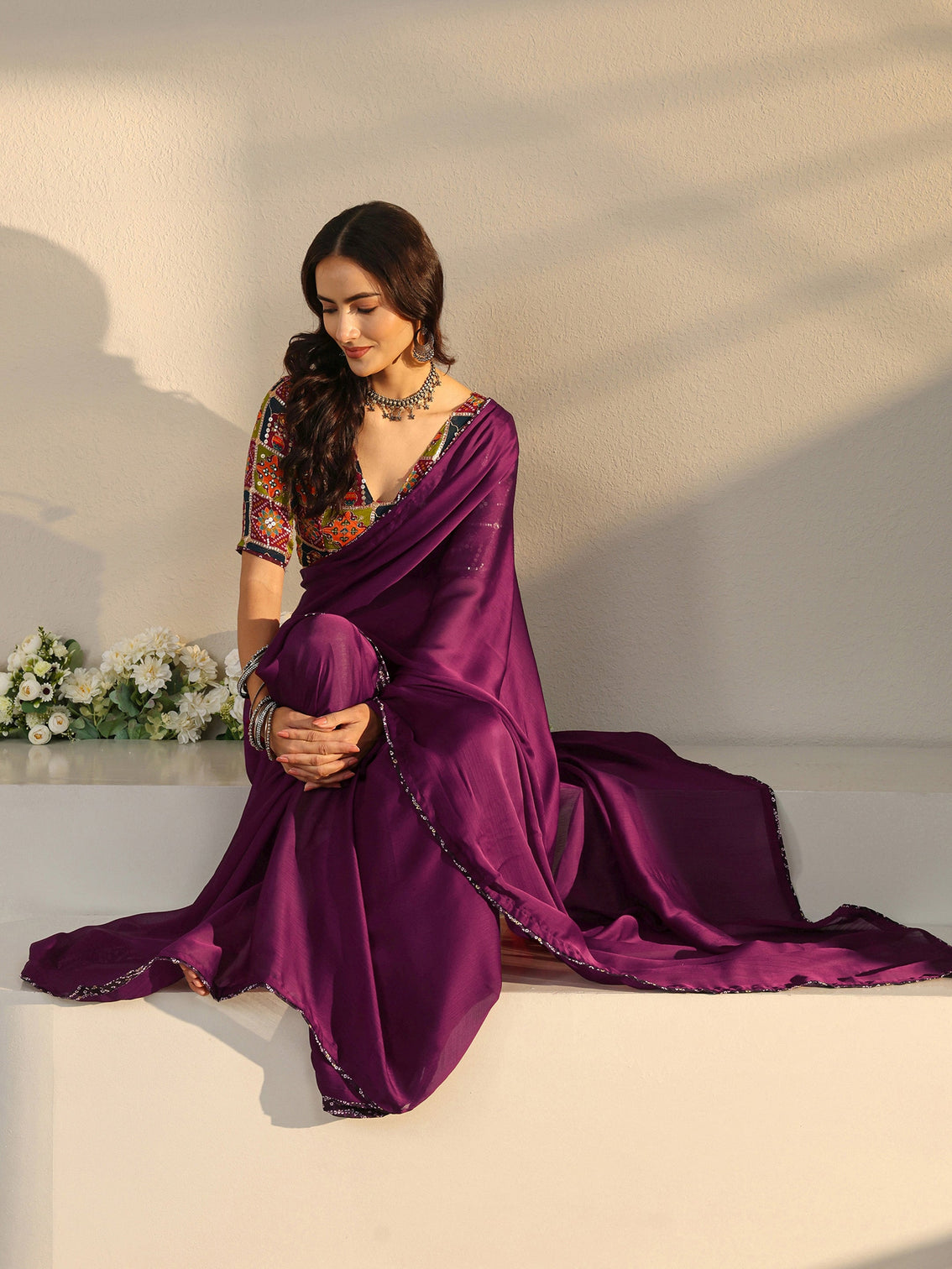 Mameraa Burgundy Solid Chiffon Saree With Unstitched Blouse Piece