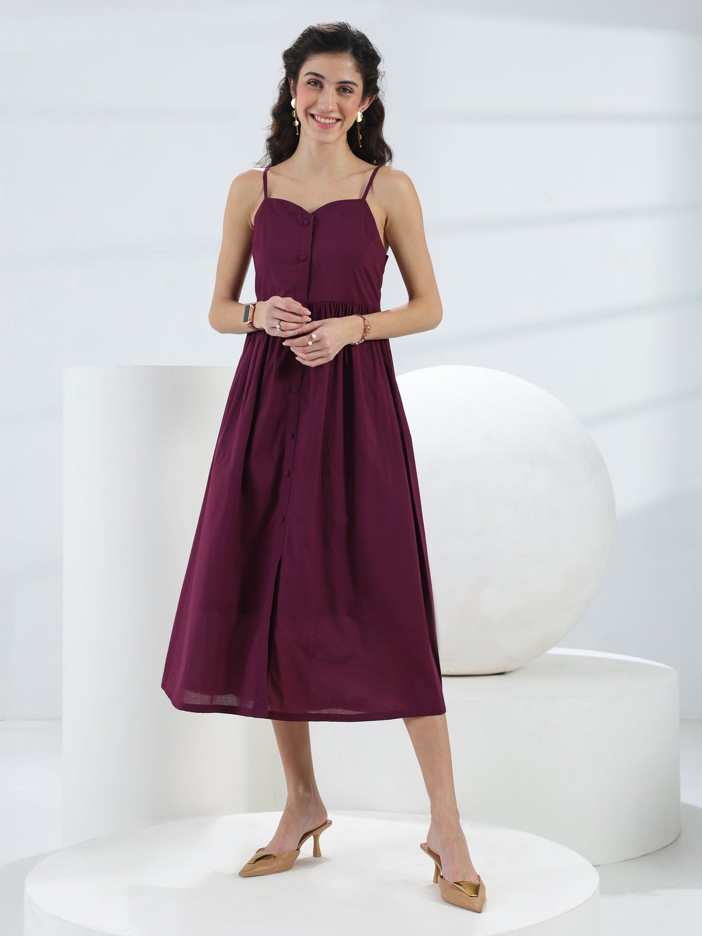 Libas Burgundy Solid Cotton A-Line One-Piece Dress