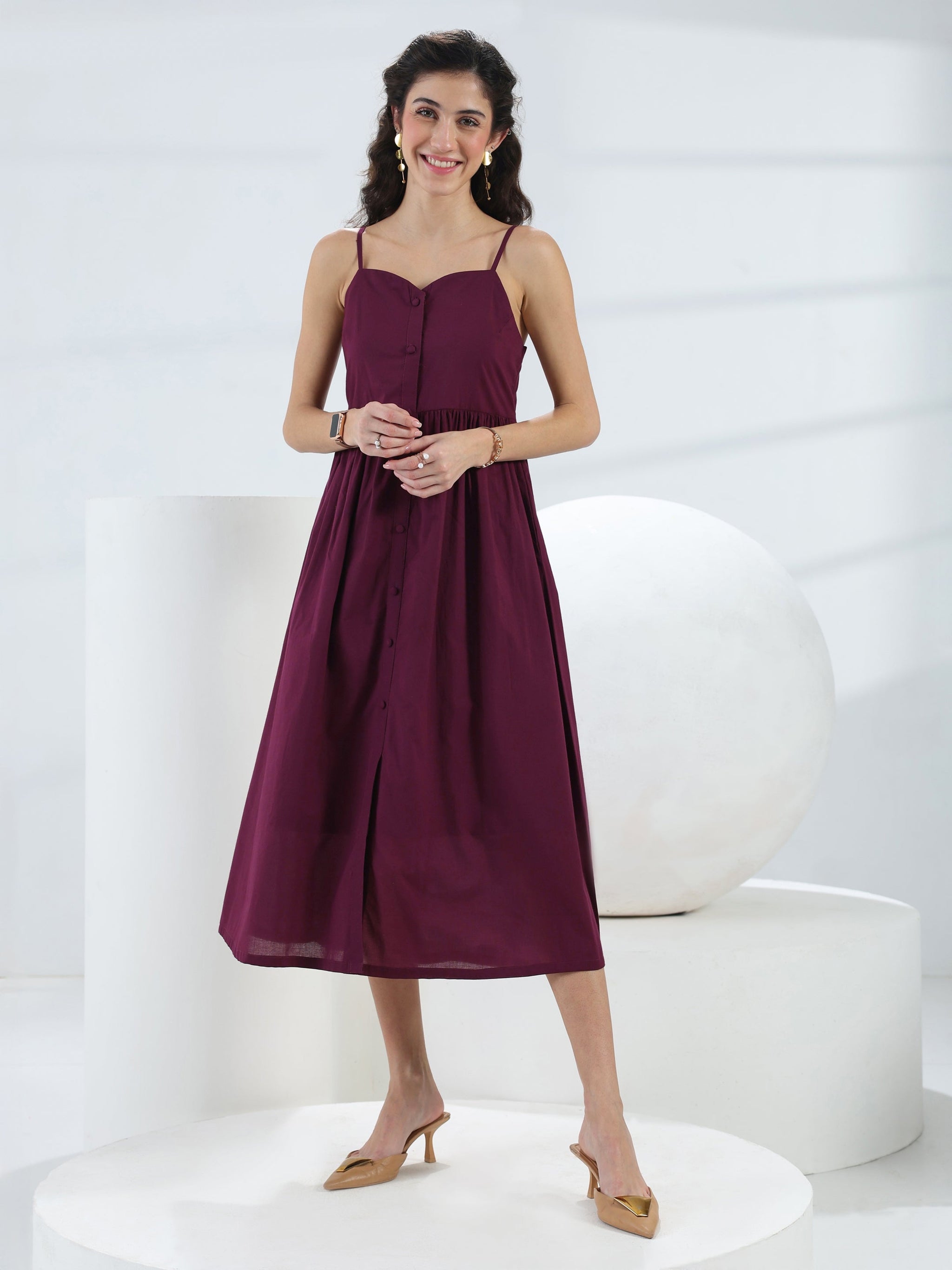 Libas Burgundy Solid Cotton A-Line One-Piece Dress