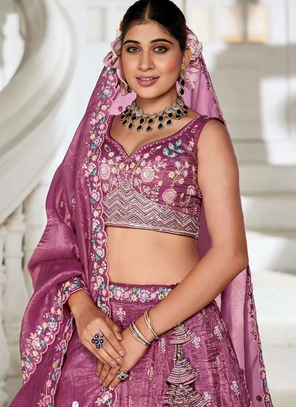 Burgundy tissue embroidered wedding lehenga choli with dupatta