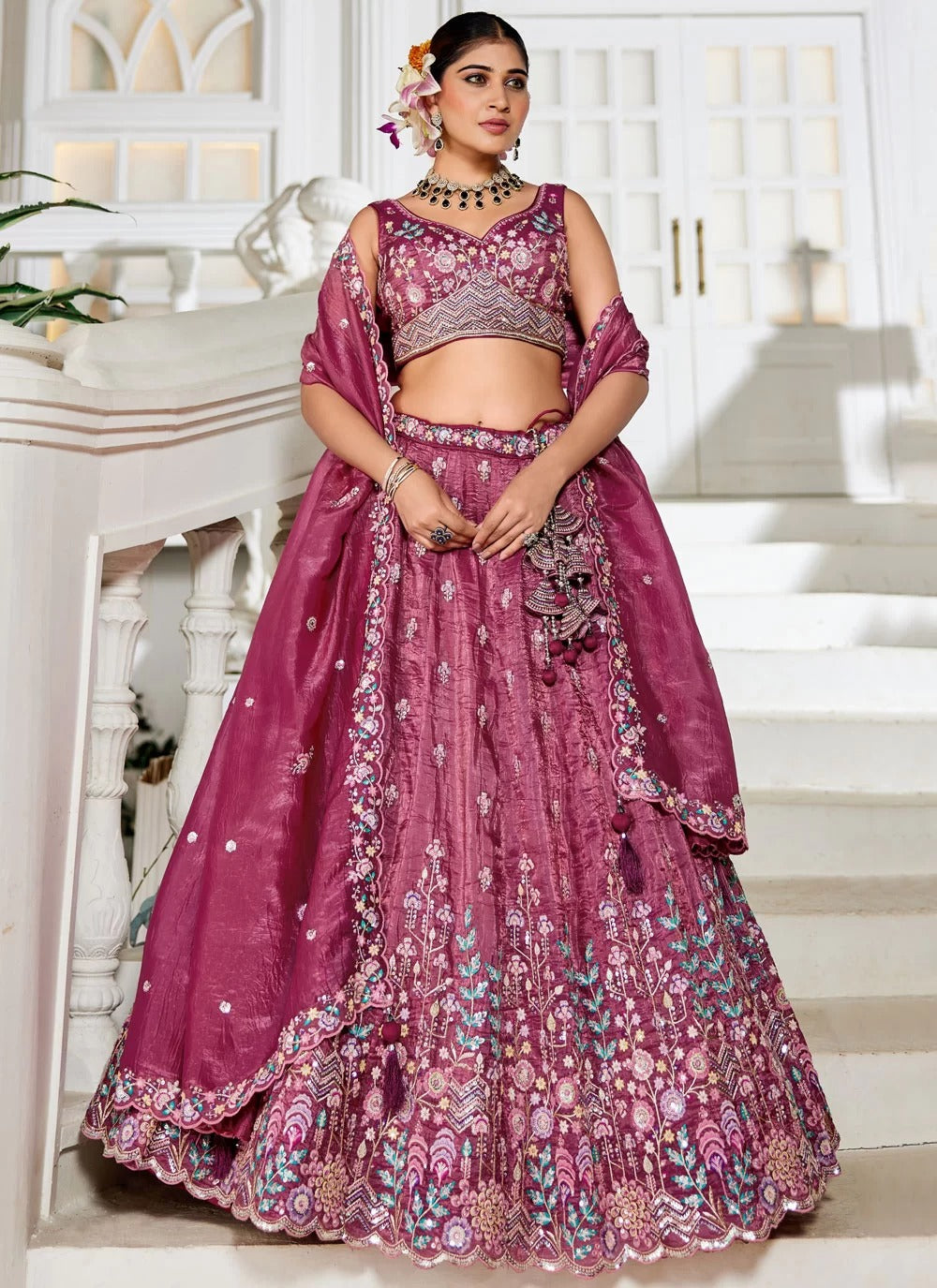 Burgundy tissue embroidered wedding lehenga choli with dupatta