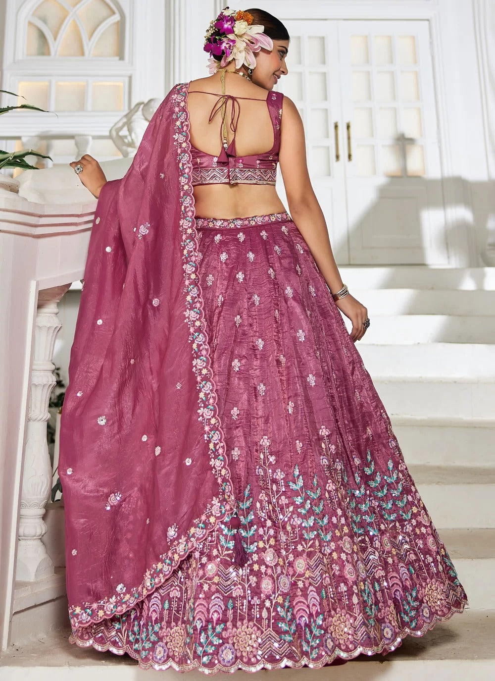 Burgundy tissue embroidered wedding lehenga choli with dupatta