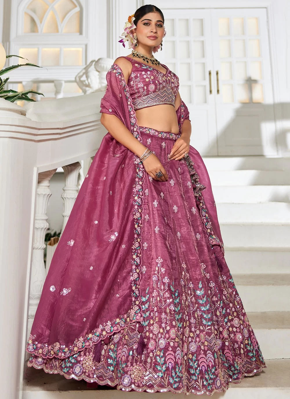 Burgundy tissue embroidered wedding lehenga choli with dupatta