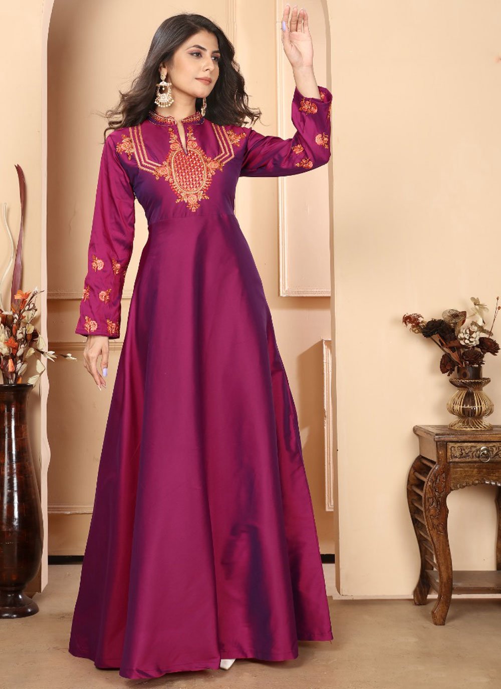 Burgundy triva silk embroidered readymade gown for women