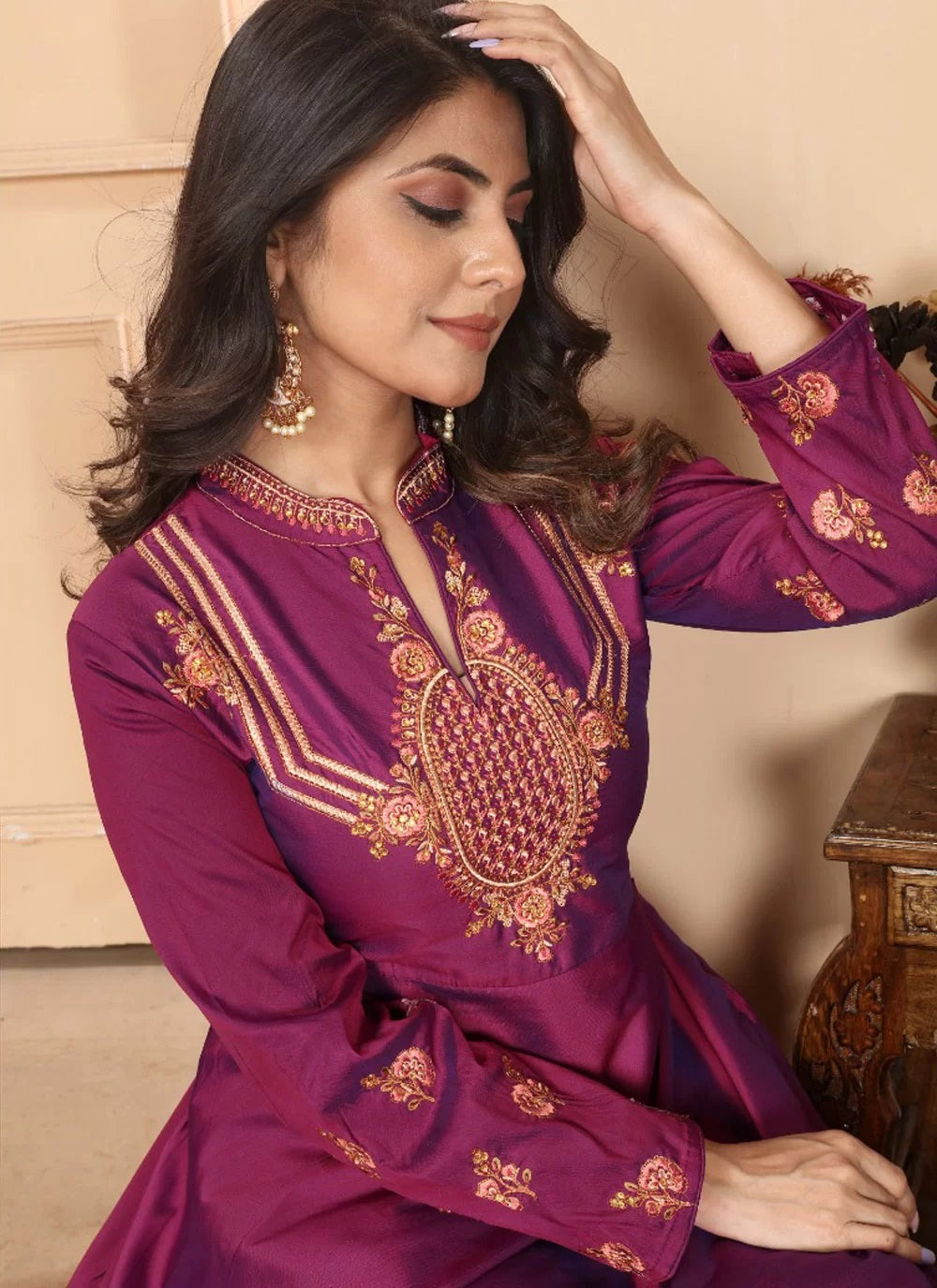 Burgundy triva silk embroidered readymade gown for women