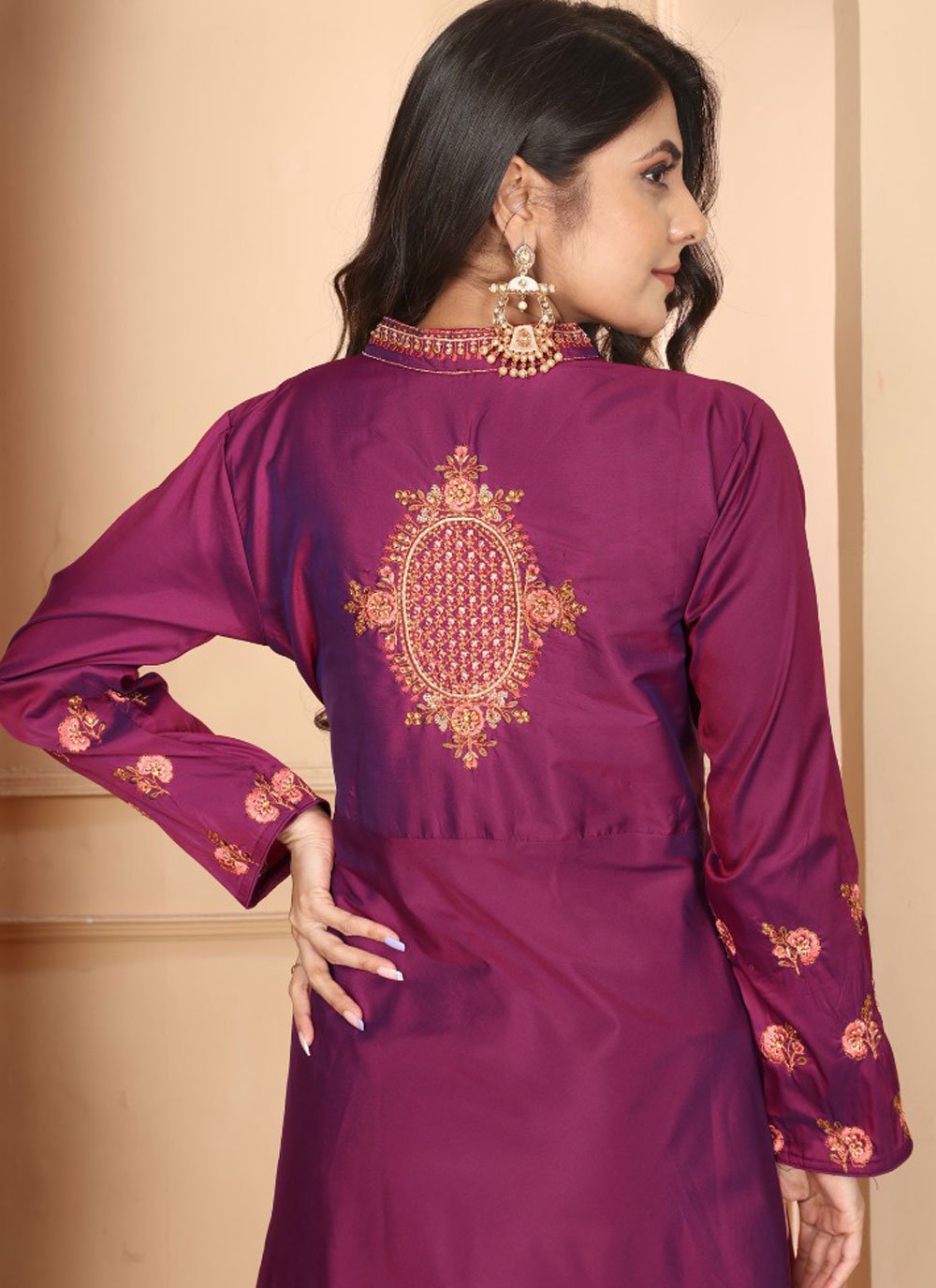 Burgundy triva silk embroidered readymade gown for women