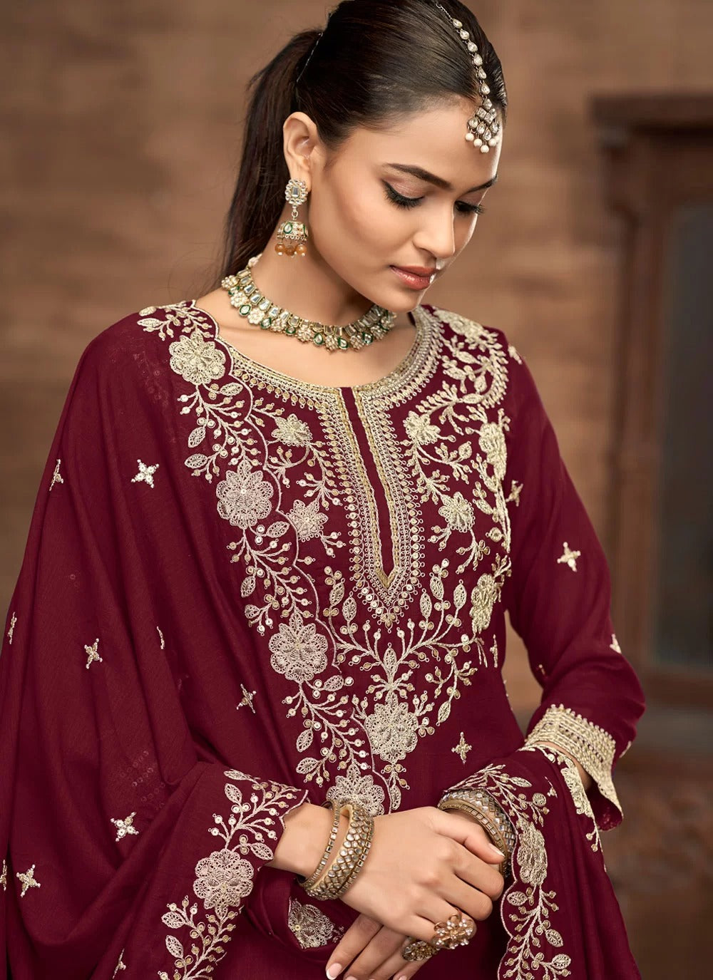 Luxurious burgundy vichitra silk stitched lehenga choli for wedding