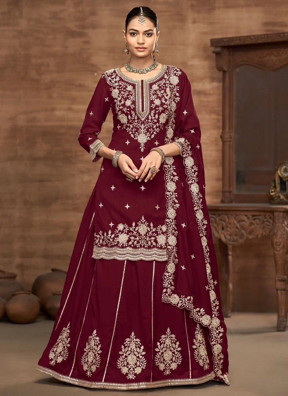 Luxurious burgundy vichitra silk stitched lehenga choli for wedding