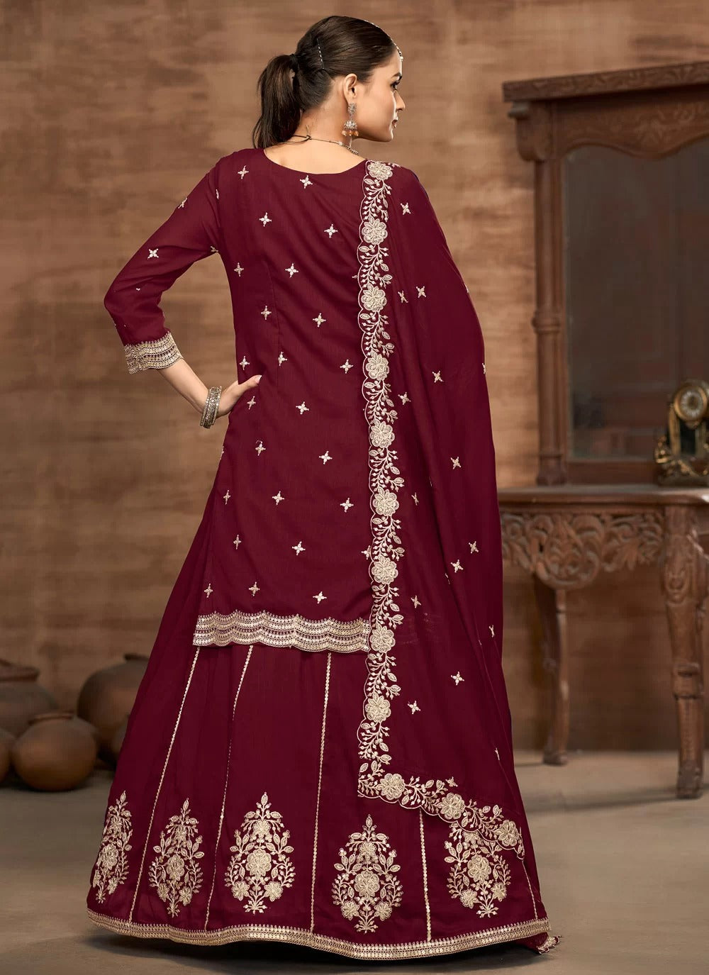 Luxurious burgundy vichitra silk stitched lehenga choli for wedding