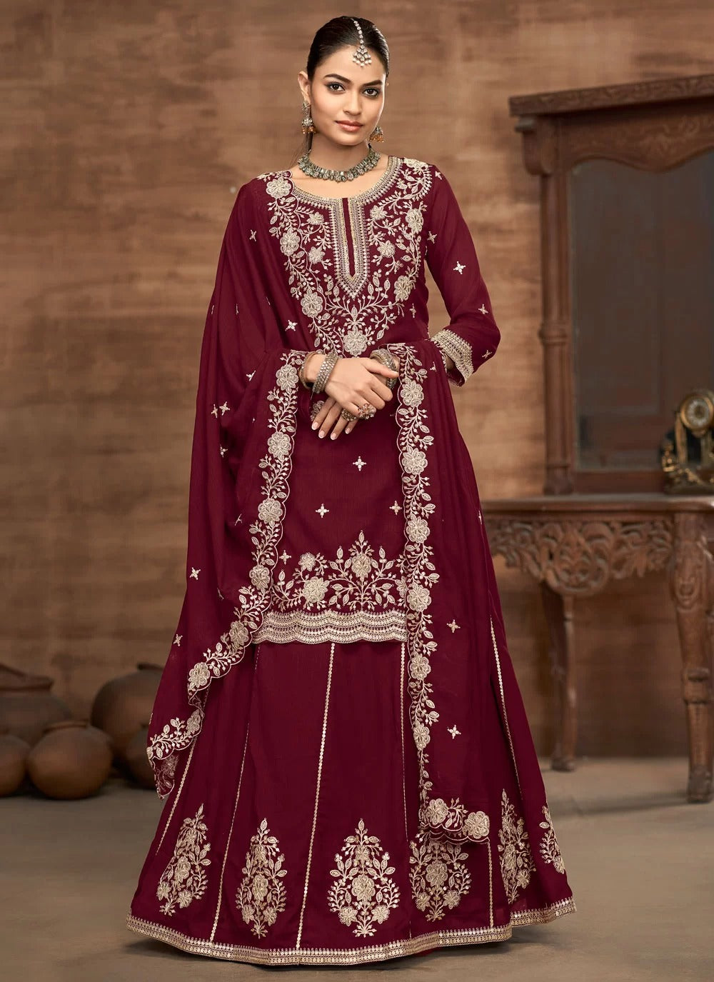 Luxurious burgundy vichitra silk stitched lehenga choli for wedding