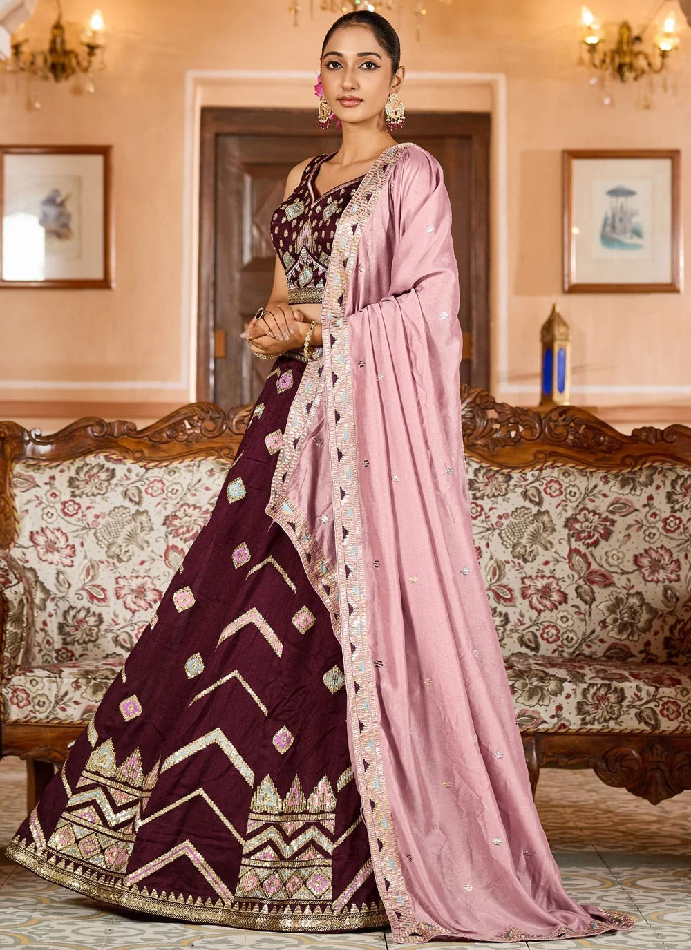 Regal burgundy reception lehenga in silk with stone thread embroidery