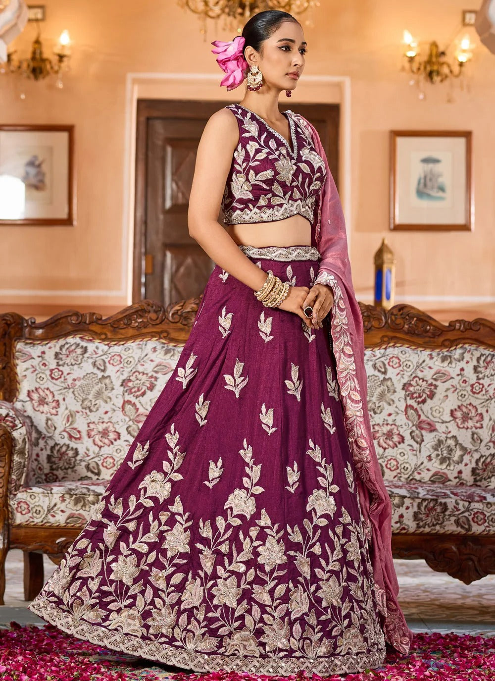Regal burgundy reception lehenga in silk with stone thread embroidery