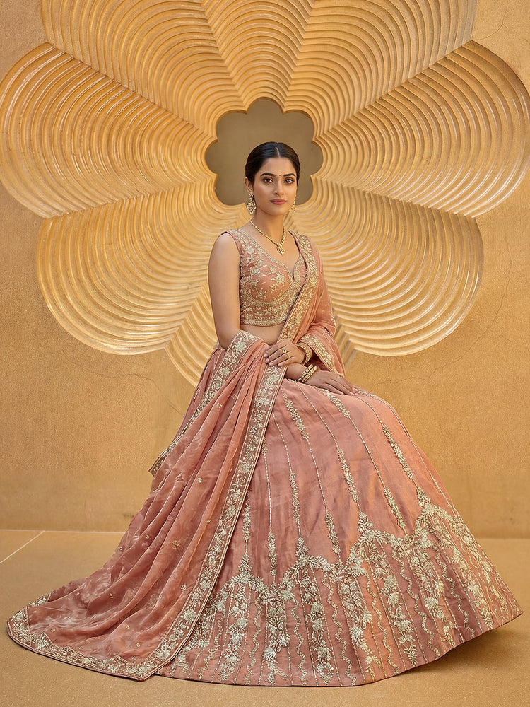 Burnished Rust Chiffon Sequin & Zari Thread Embroidered Lehenga Choli Set