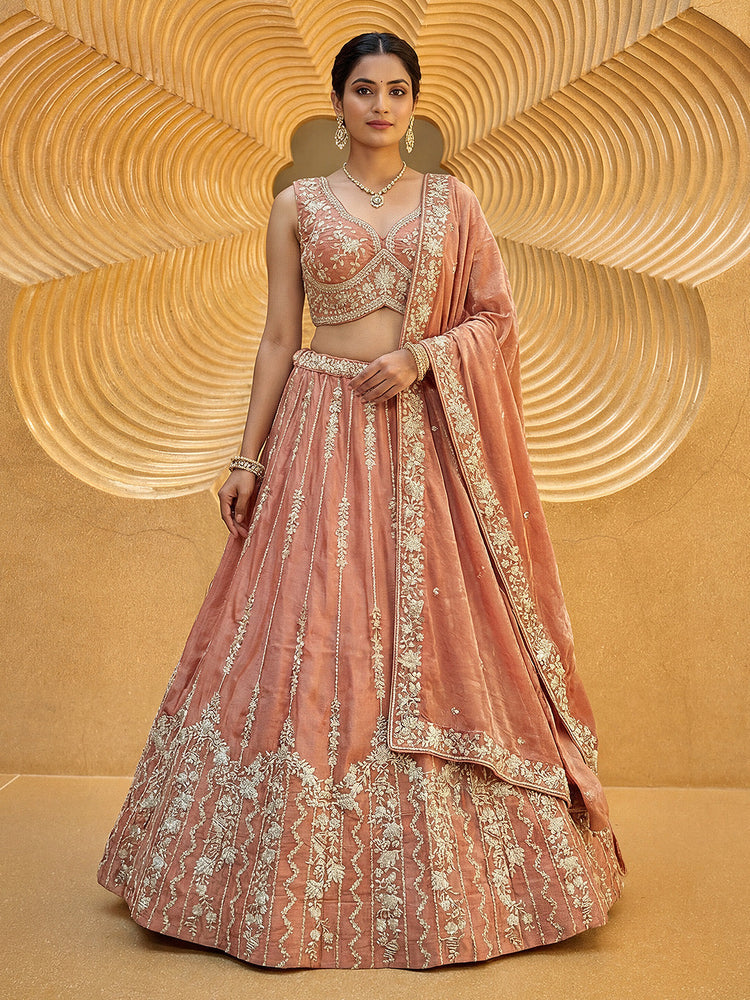 Burnished Rust Chiffon Sequin & Zari Thread Embroidered Lehenga Choli Set