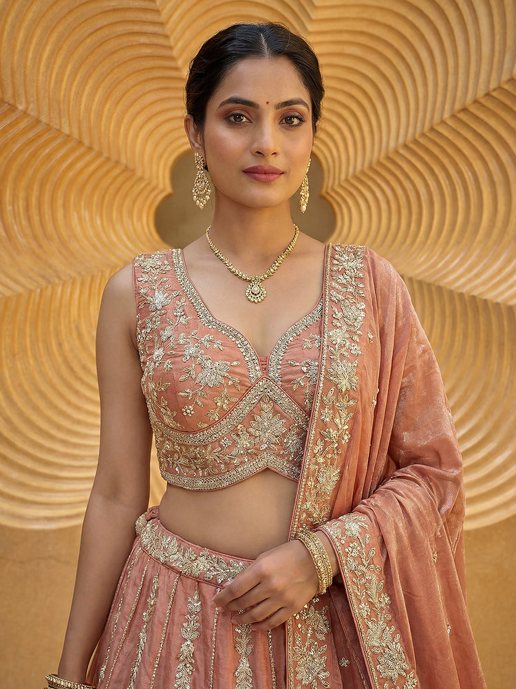 Burnished Rust Chiffon Sequin & Zari Thread Embroidered Lehenga Choli Set