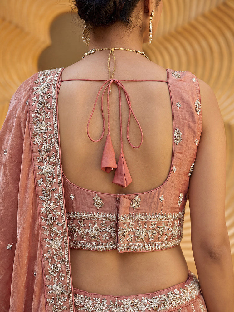 Burnished Rust Chiffon Sequin & Zari Thread Embroidered Lehenga Choli Set